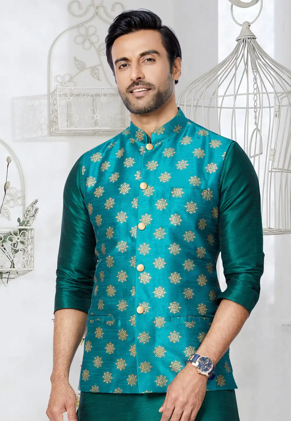 Teal Banarasi Nehru Jacket 286766
