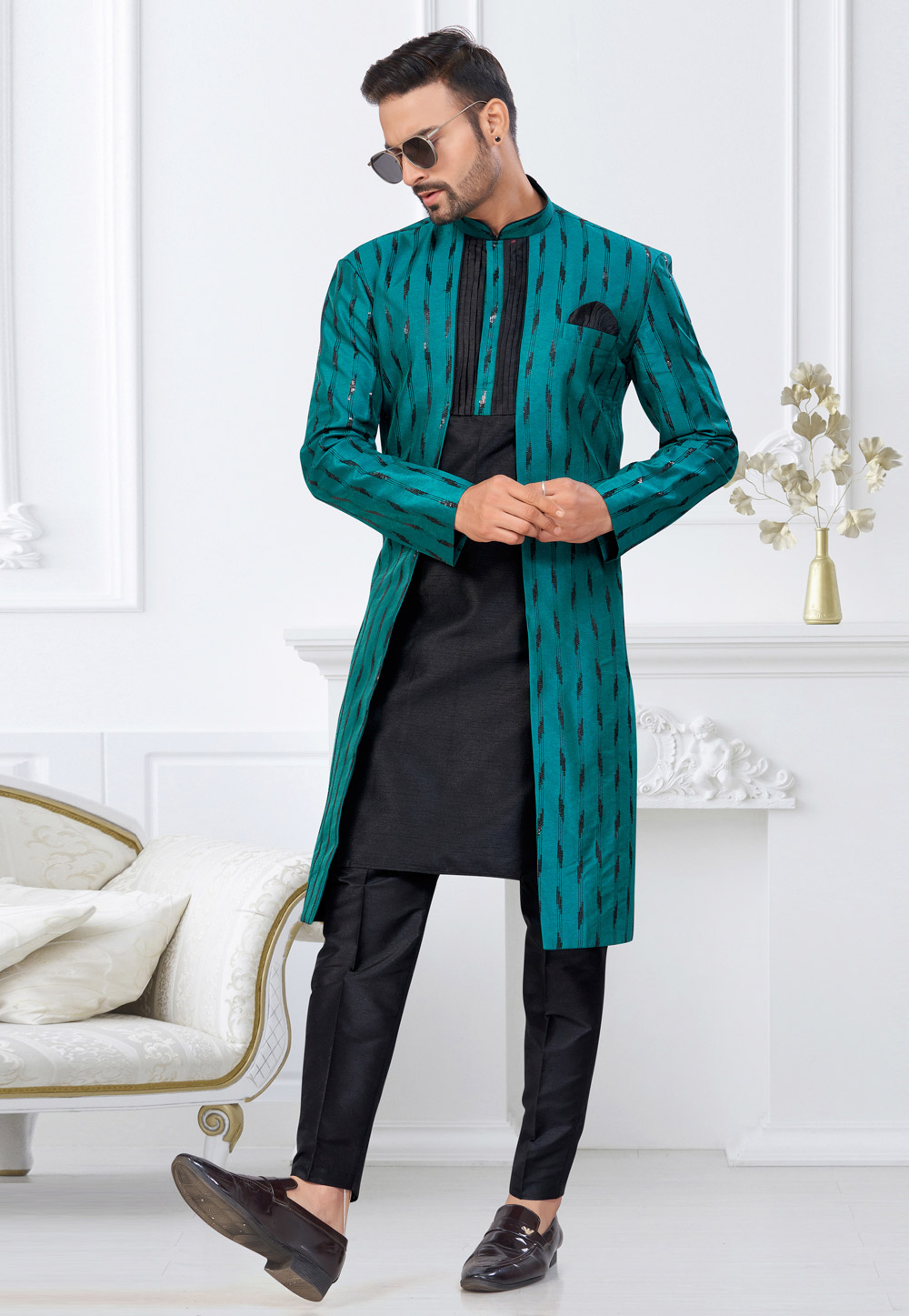 Teal Banarasi Silk Indo Western Suit 322895