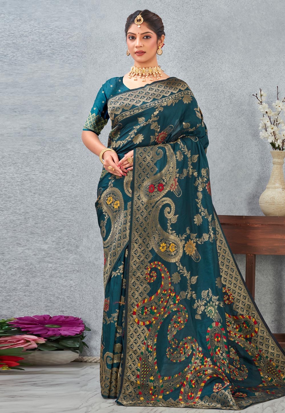 Teal Banarasi Silk Saree 318194