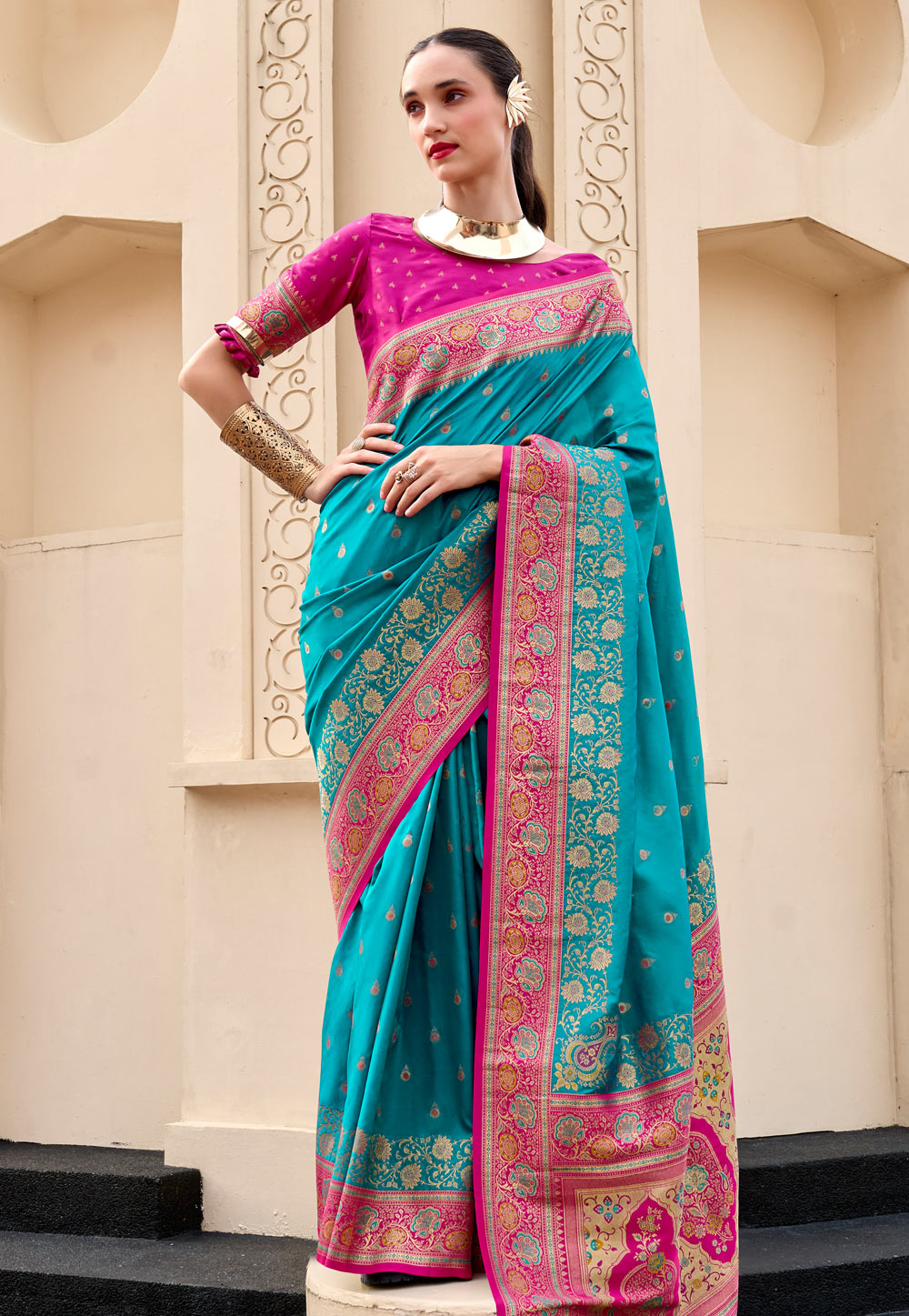 Teal Banarasi Silk Saree 307394