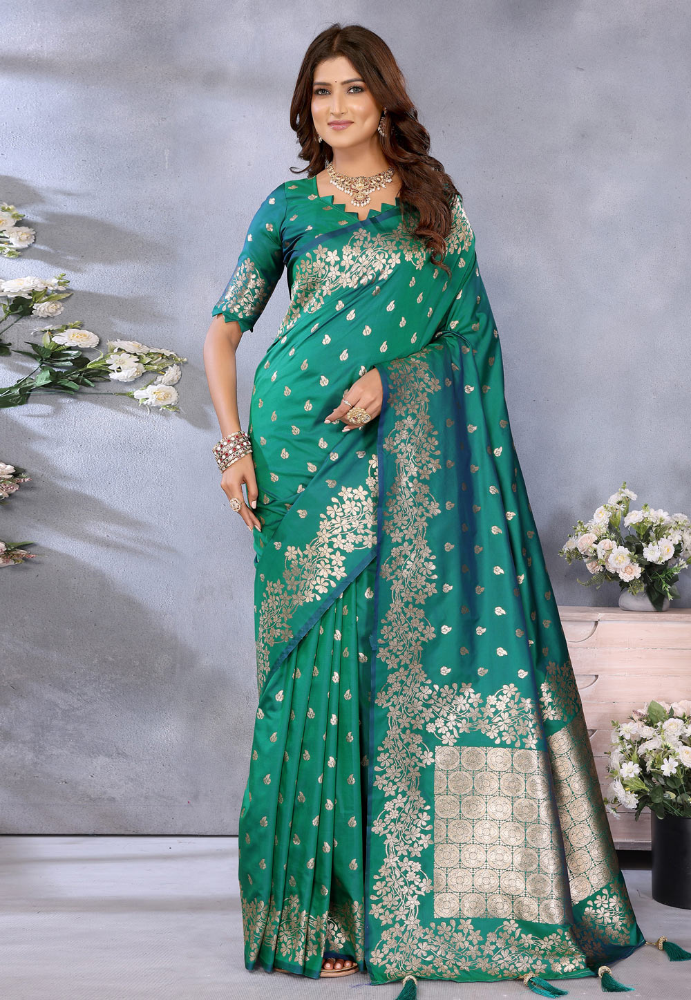 Teal Banarasi Silk Saree 311449