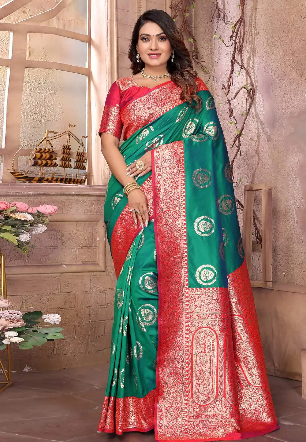Teal Banarasi Silk Saree With Blouse 313983