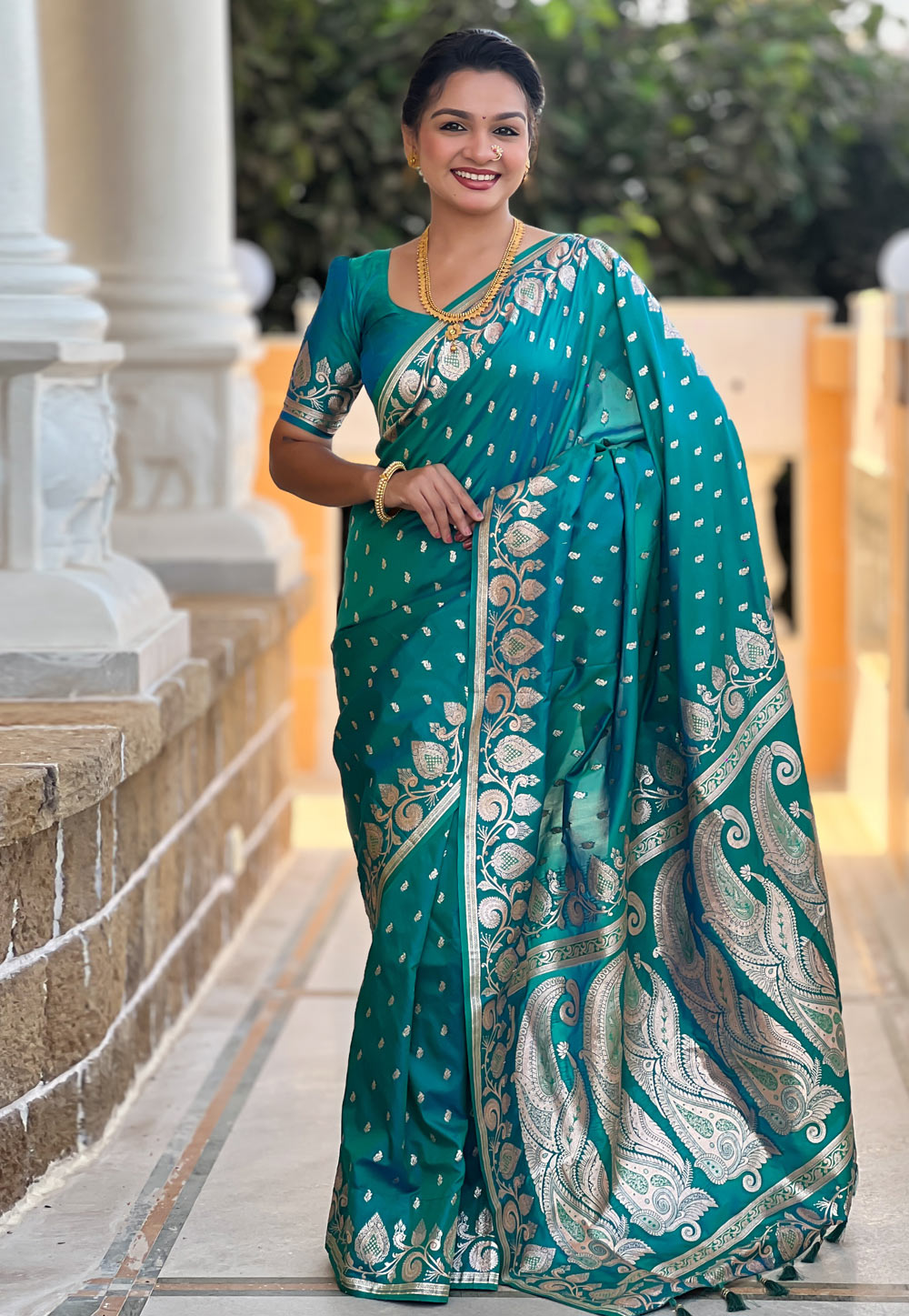 Teal Banarasi Silk Saree With Blouse 307748