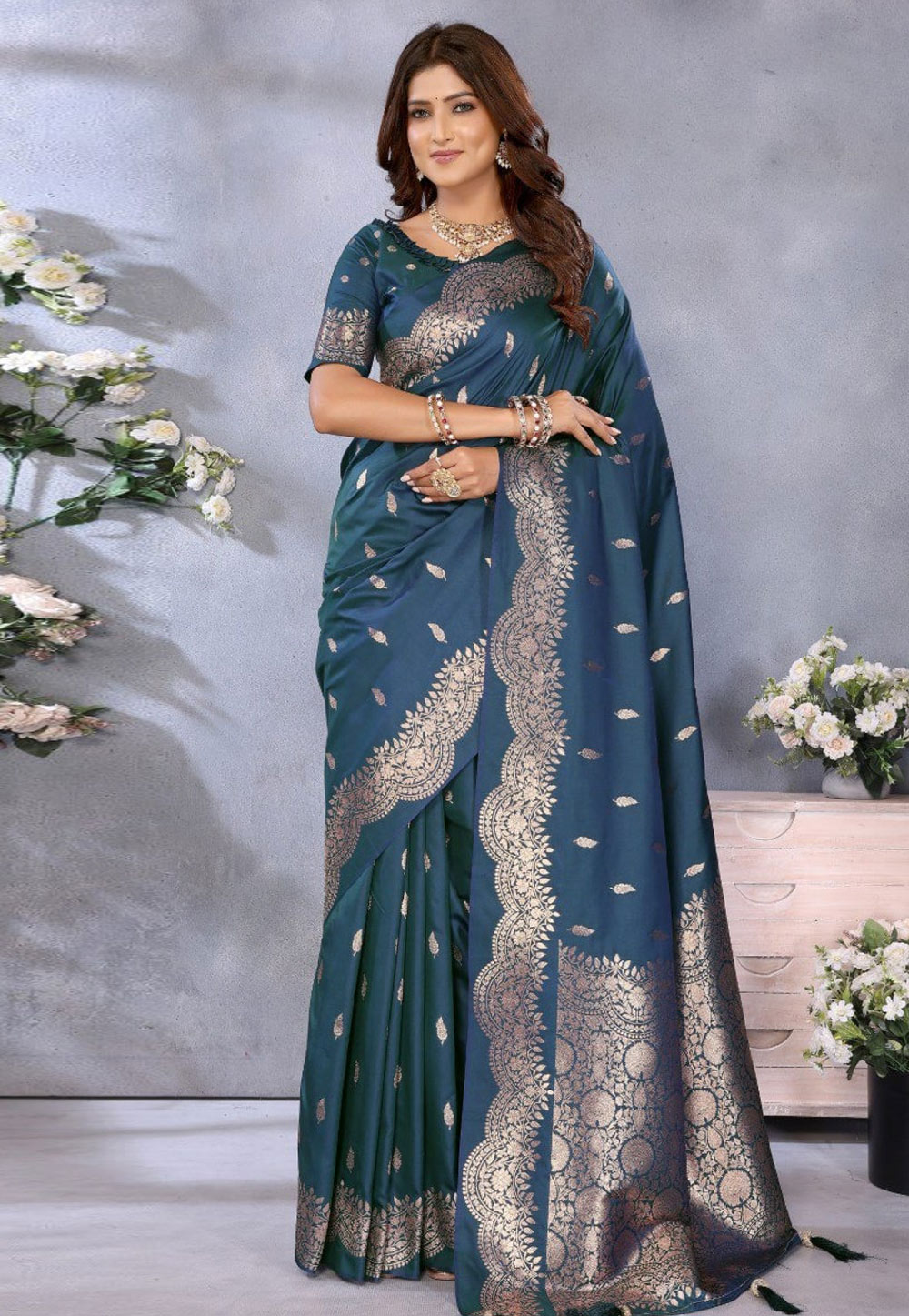Teal Banarasi Silk Saree With Blouse 311202