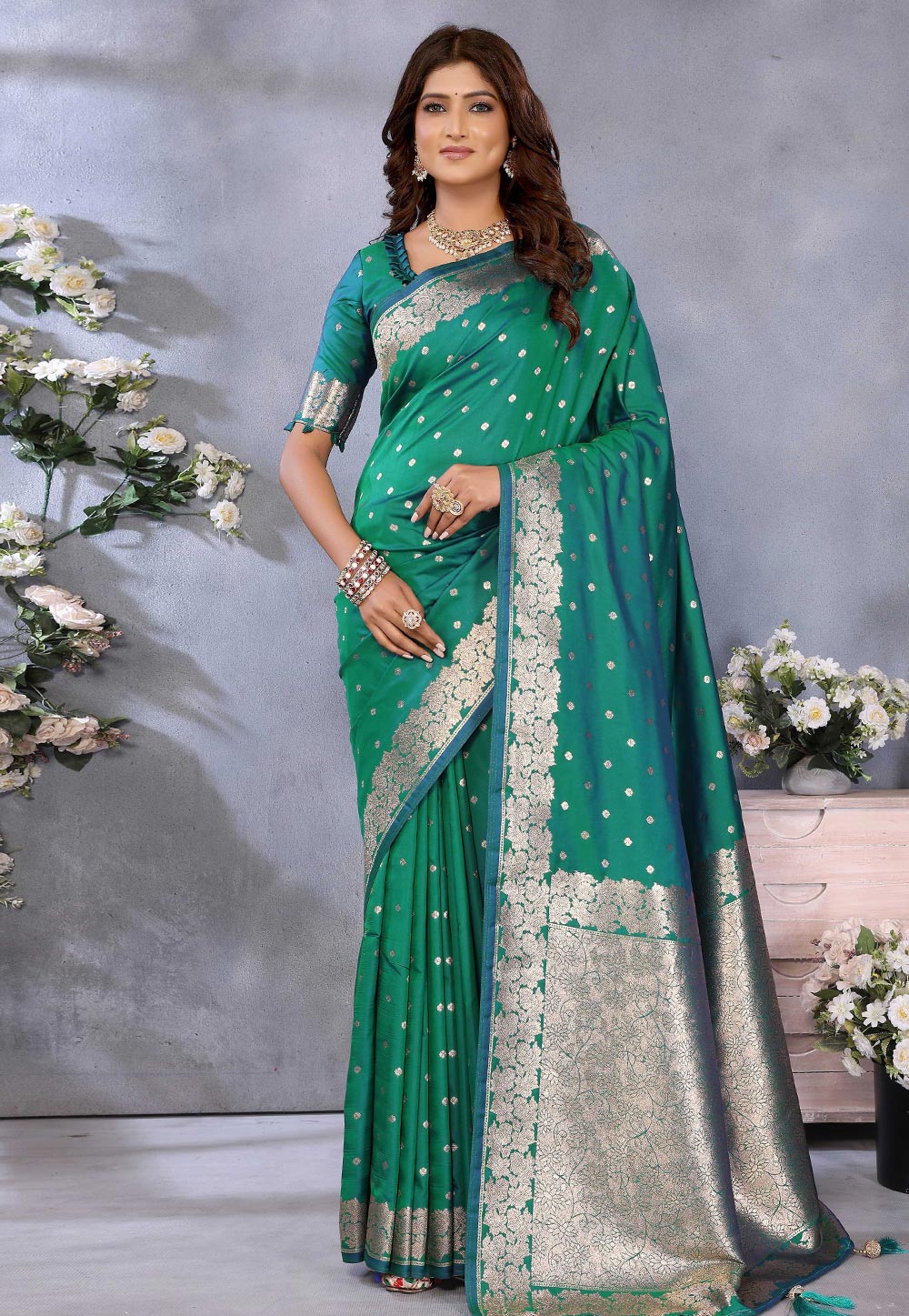 Teal Banarasi Silk Saree With Blouse 311618