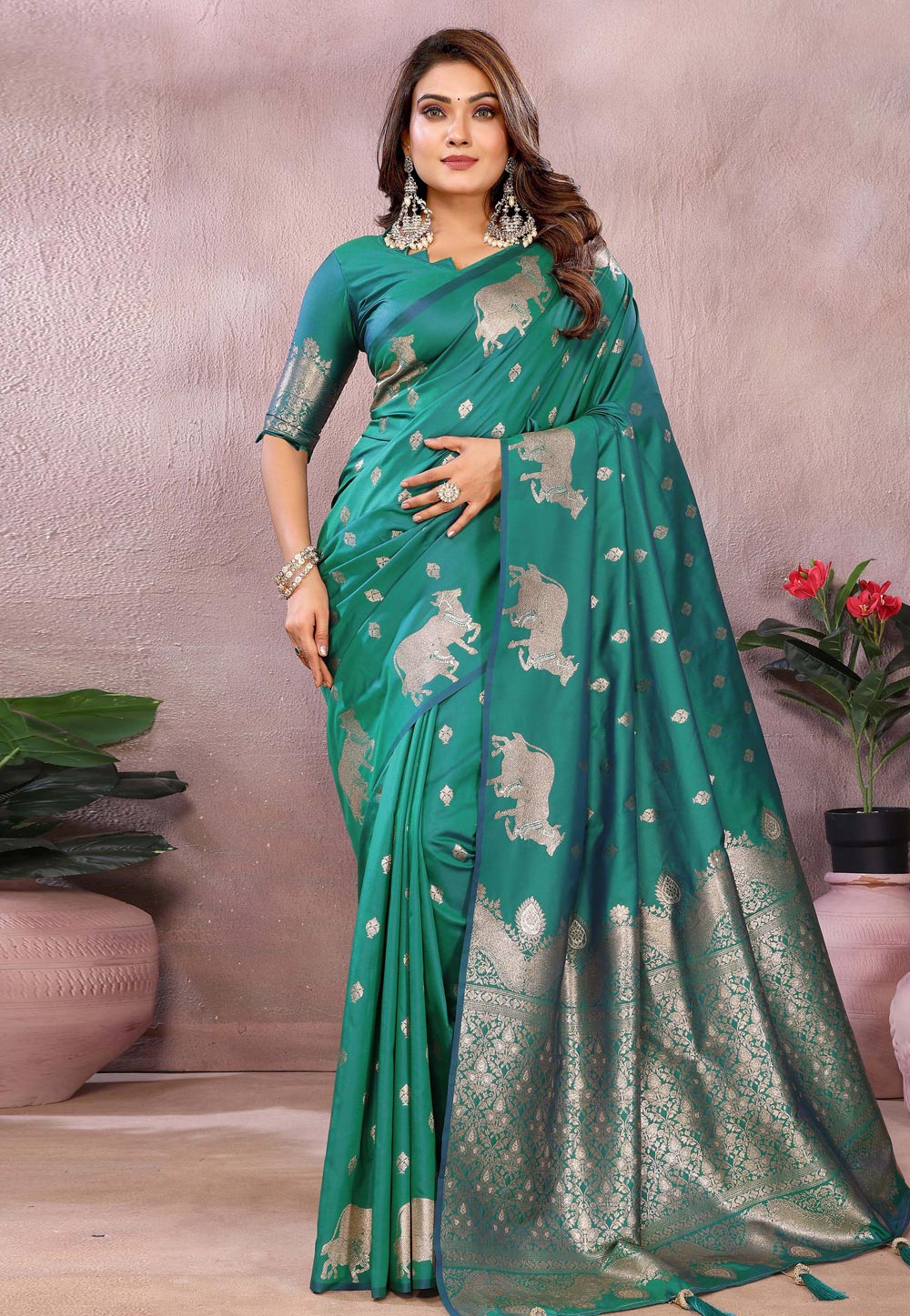 Teal Banarasi Silk Saree With Blouse 312664