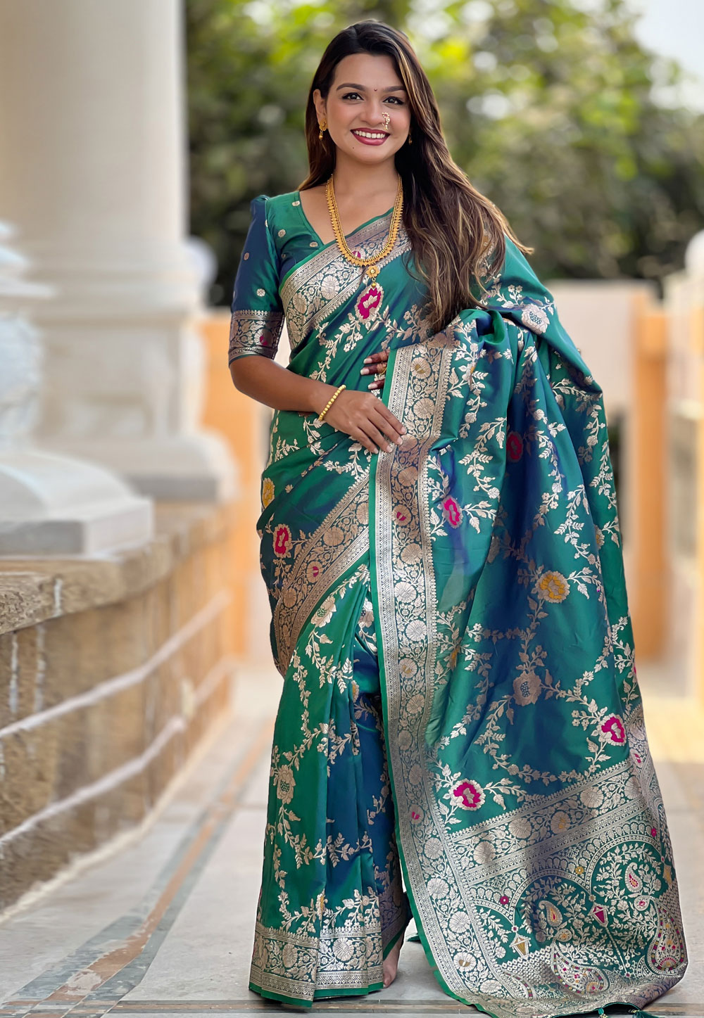 Teal Banarasi Silk Saree With Blouse 309245