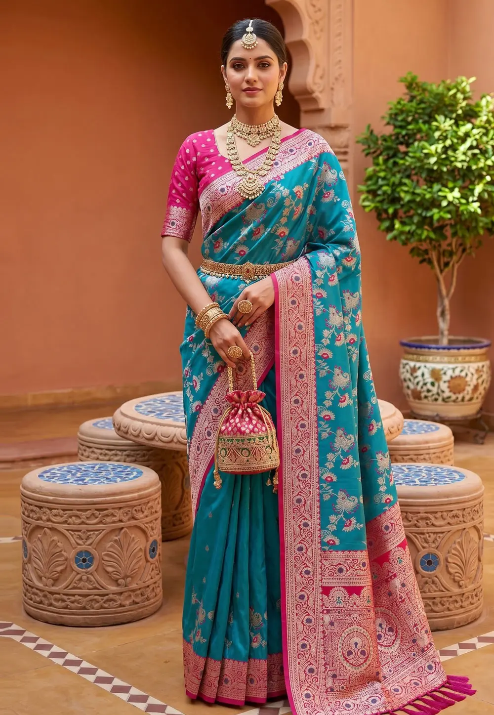 Teal Banarasi Silk Saree With Blouse 331414