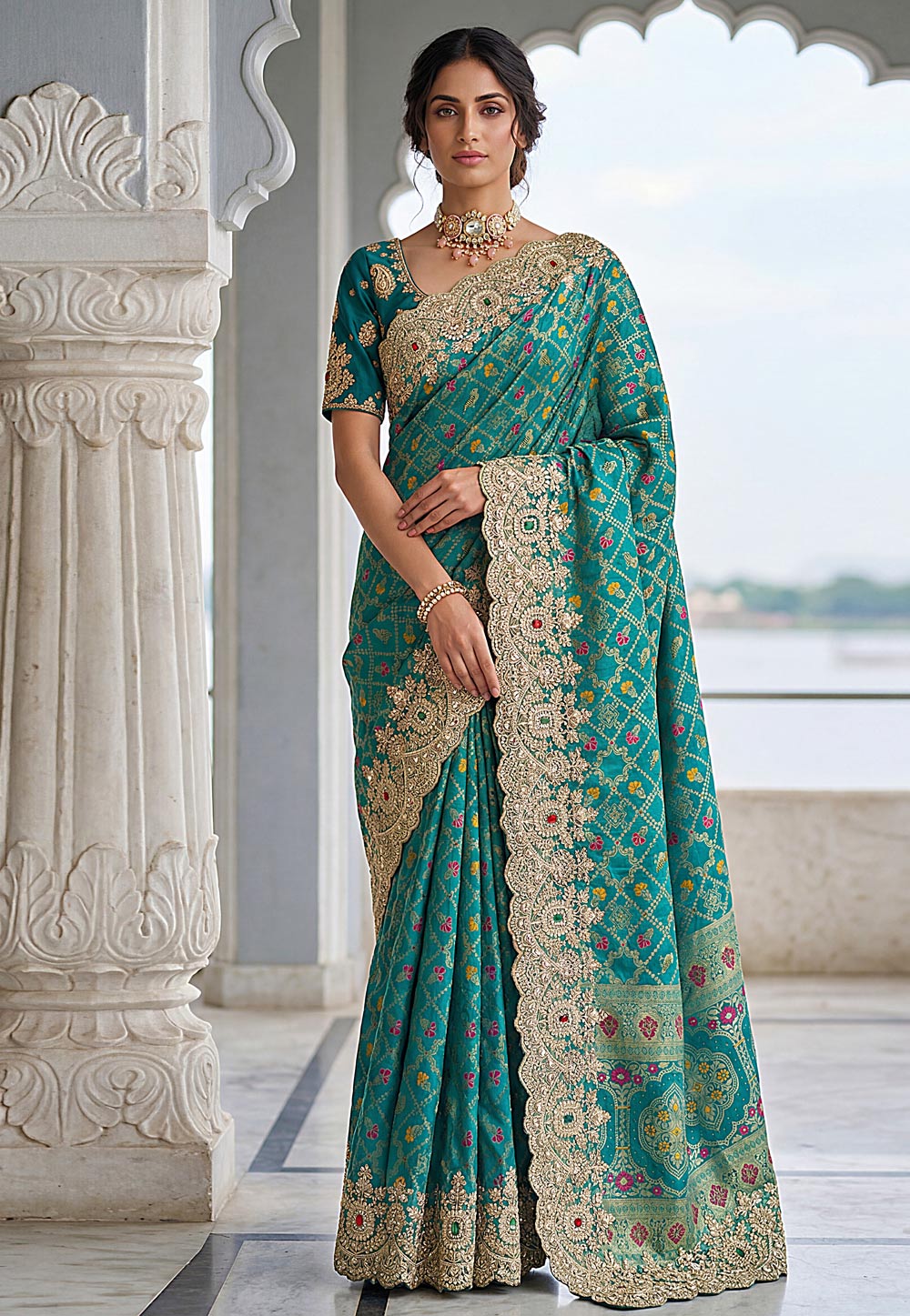 Teal Banarasi Silk Saree With Blouse 327657