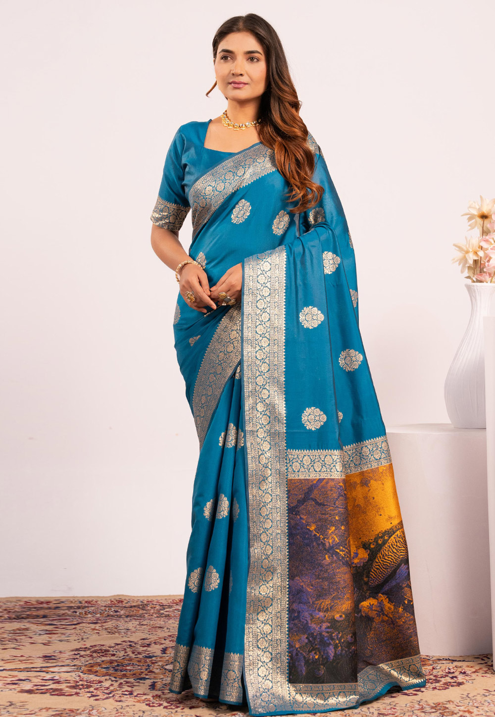 Teal Banarasi Silk Saree With Blouse 322654