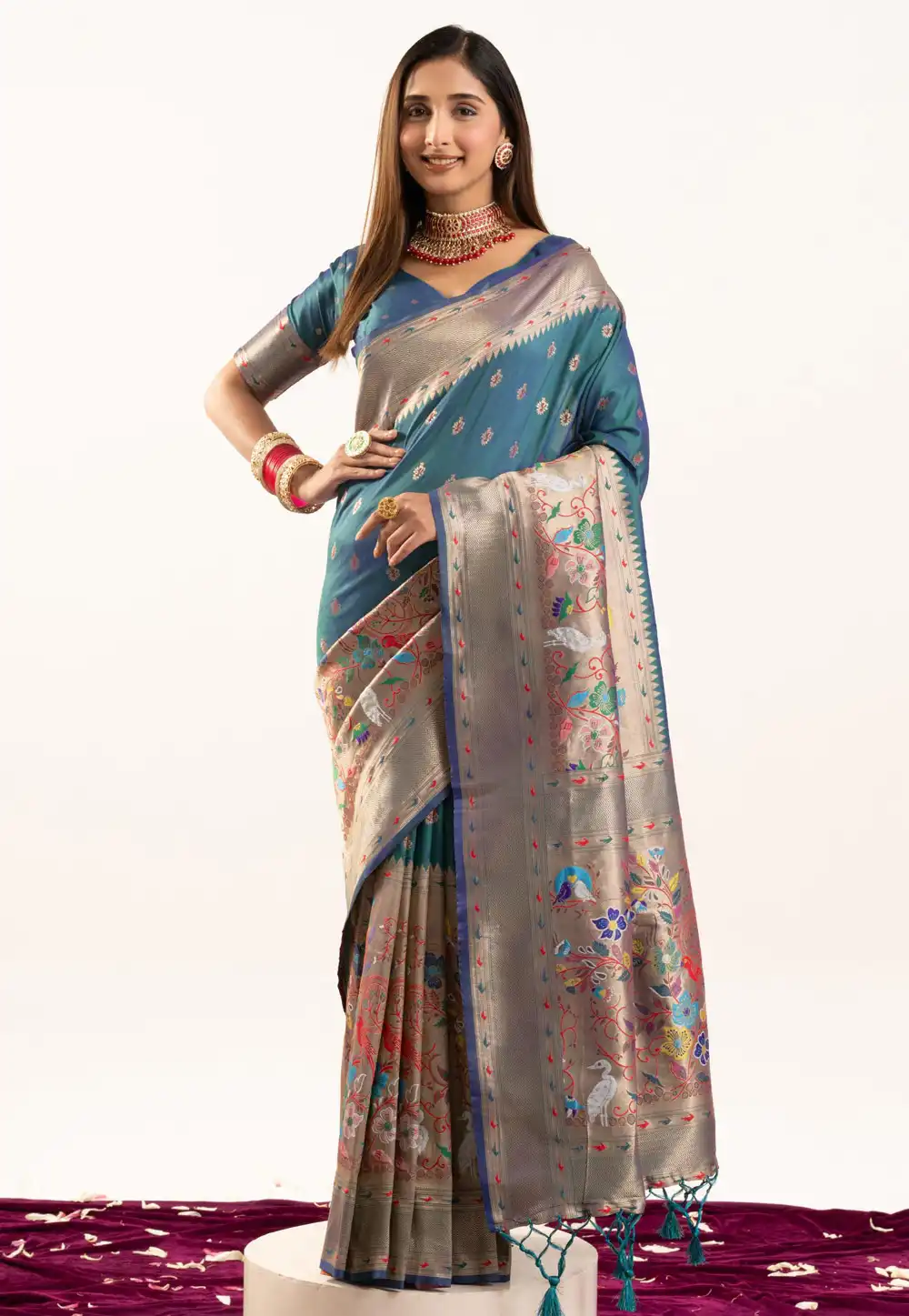 Teal Banarasi Silk Saree With Blouse 326378