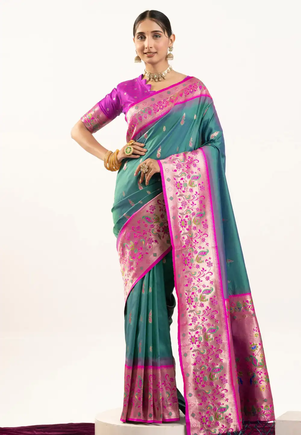 Teal Banarasi Silk Saree With Blouse 326012