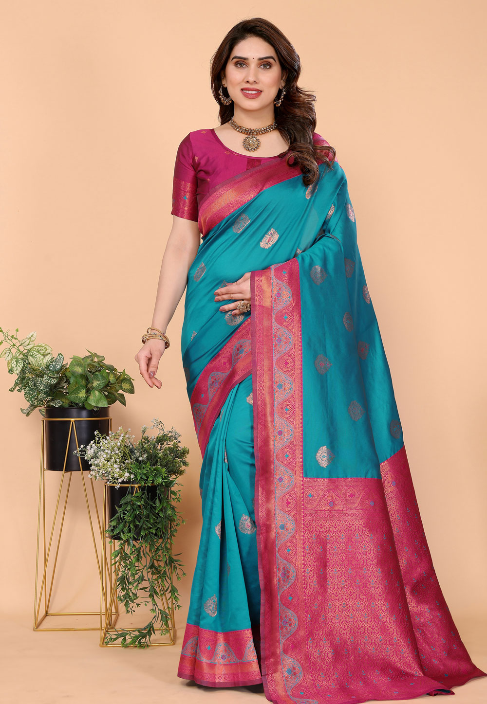 Teal Banarasi Silk Saree With Blouse 311495
