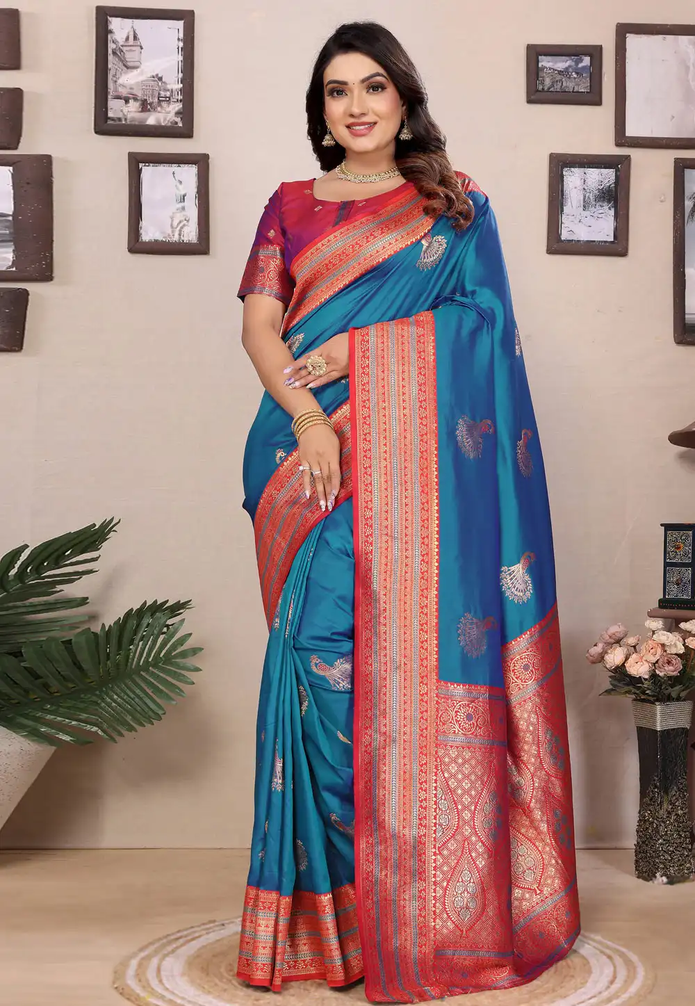 Teal Banarasi Silk Saree With Blouse 313971
