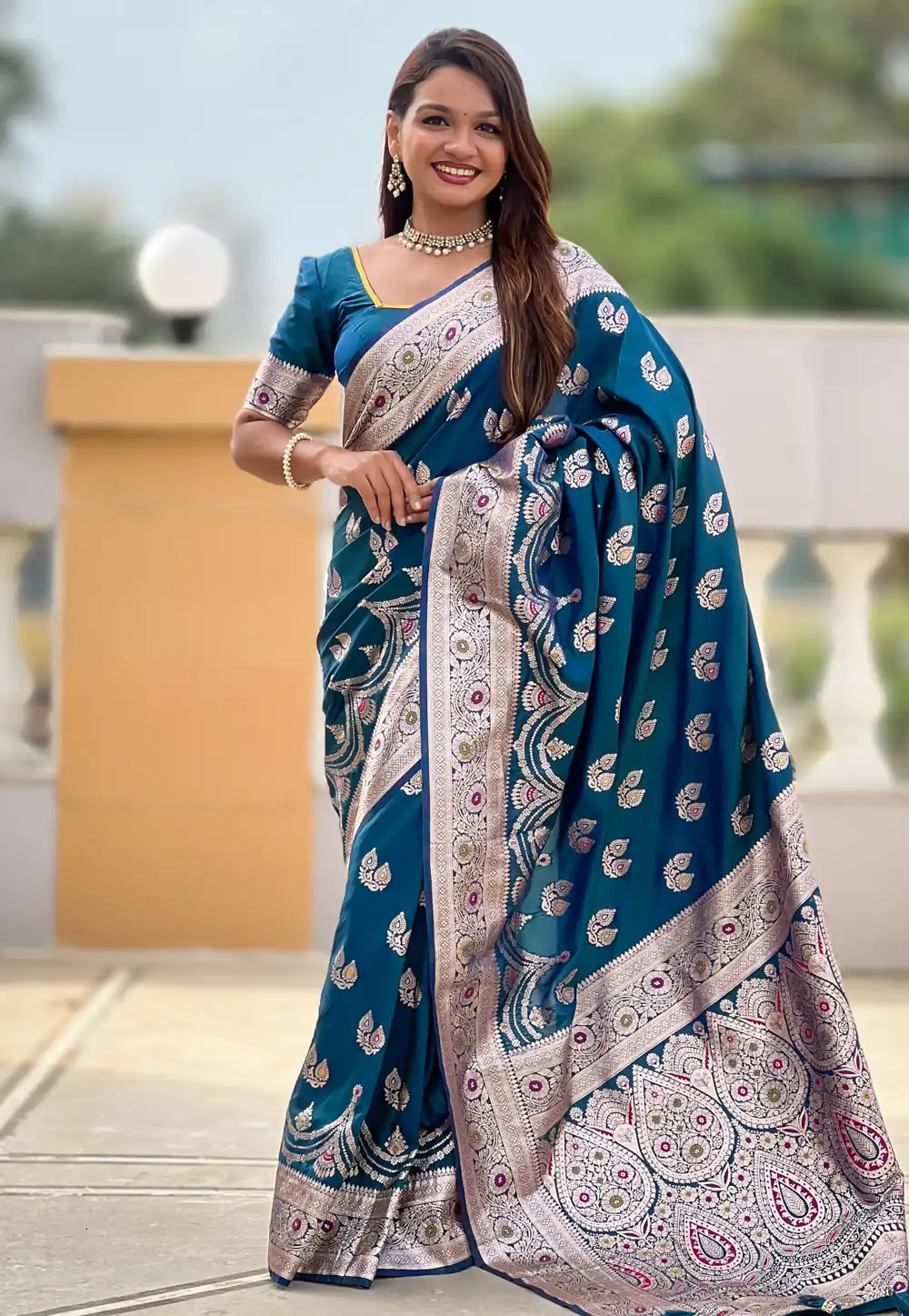 Teal Banarasi Silk Saree With Blouse 314772