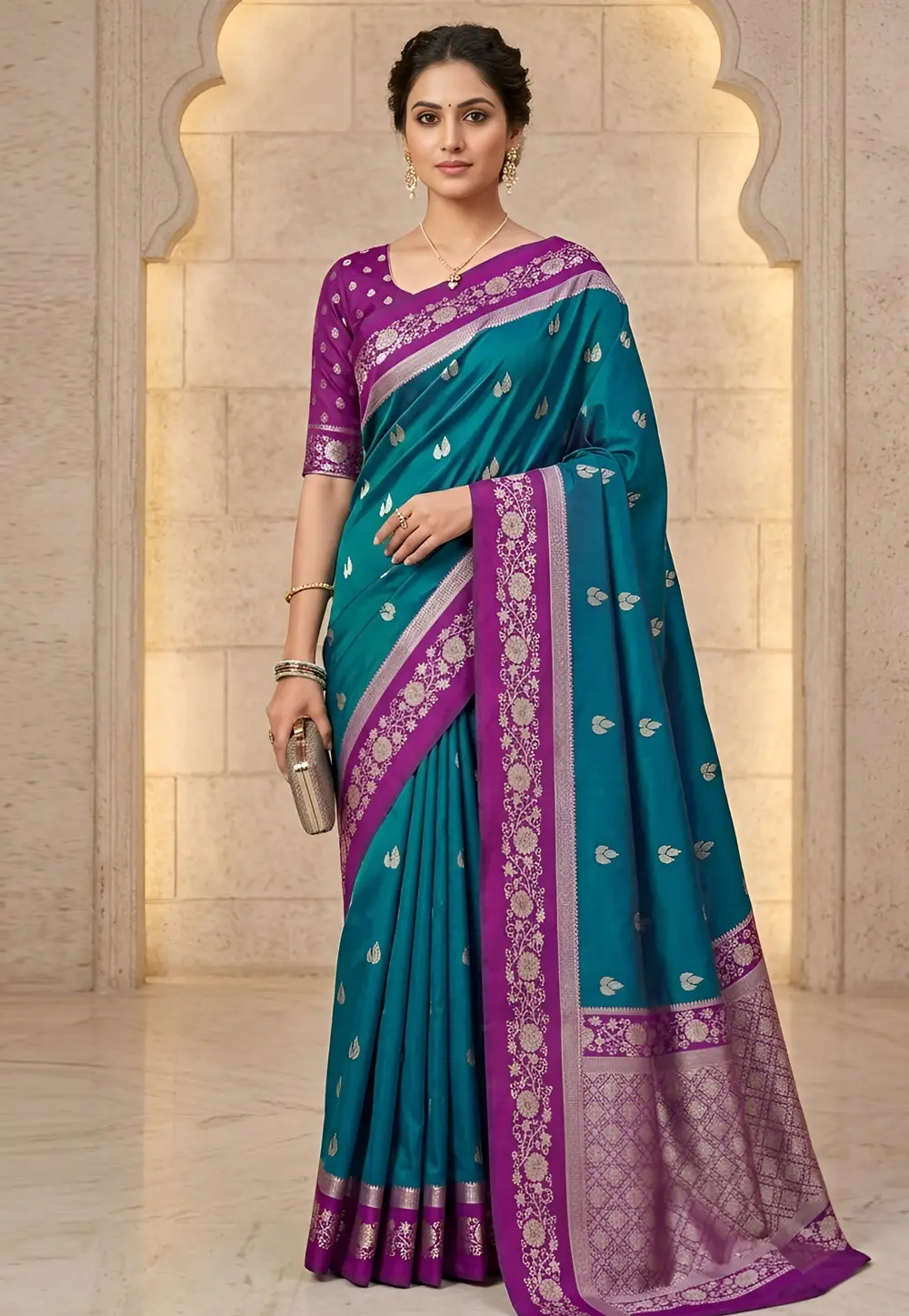 Teal Banarasi Silk Saree With Blouse 333289