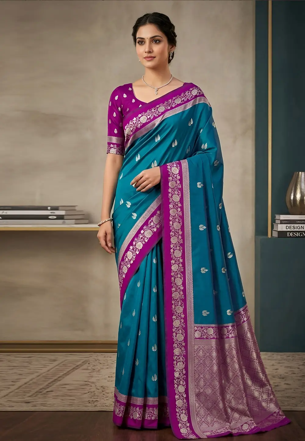 Teal Banarasi Silk Saree With Blouse 333293