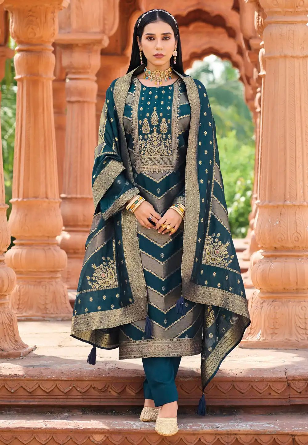 Teal Banglori Silk Pant Style Suit 328926