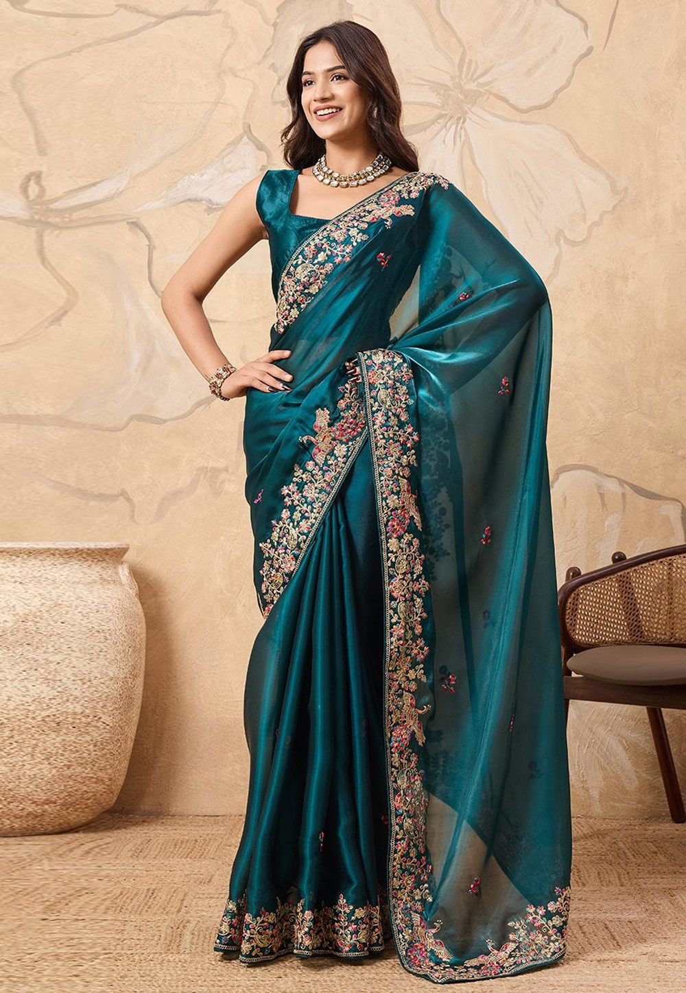 Teal Banglori Silk Saree With Blouse 319452