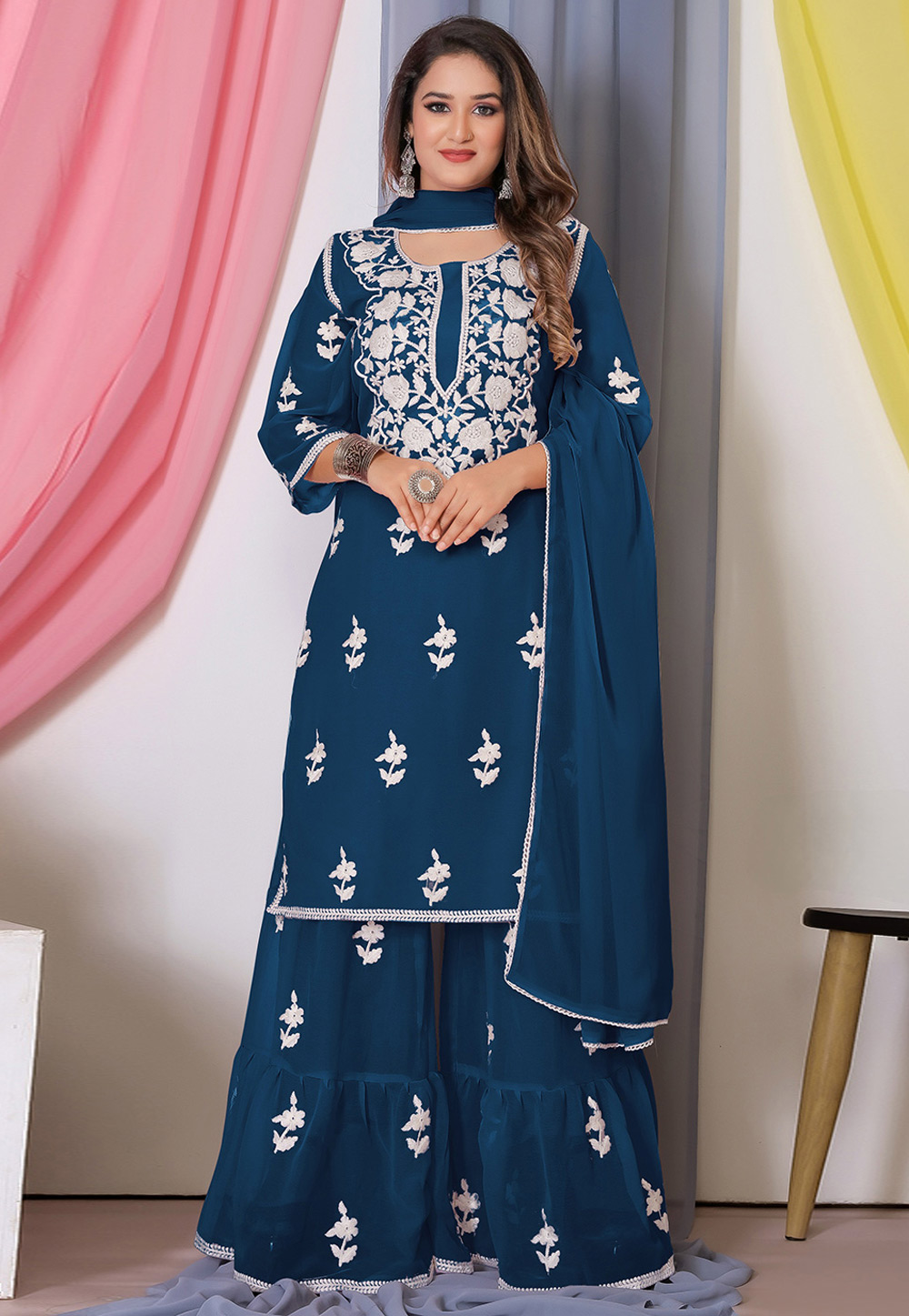 Teal Bemberg Georgette Sharara Suit 283071
