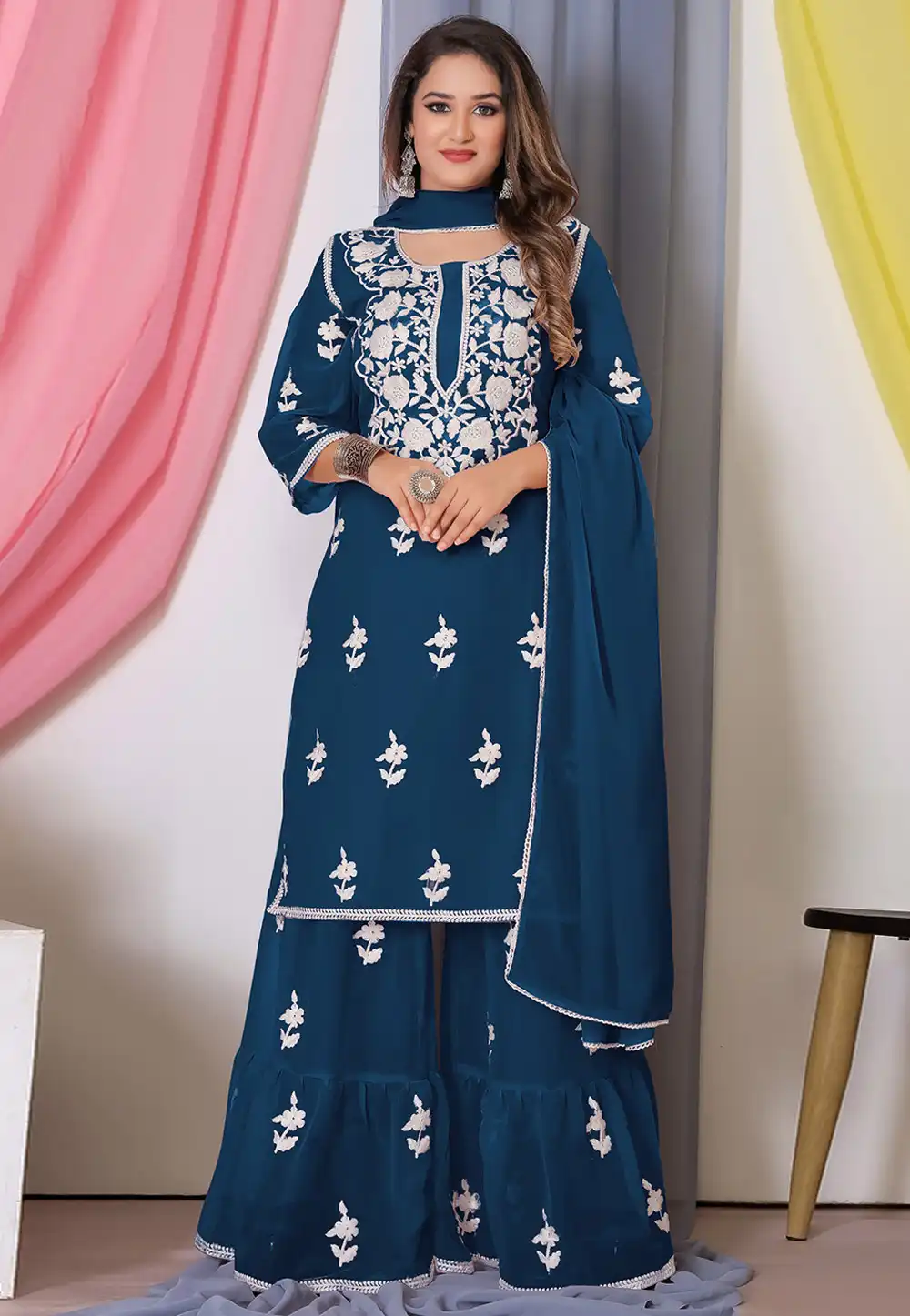 Teal Bemberg Georgette Sharara Suit 283071