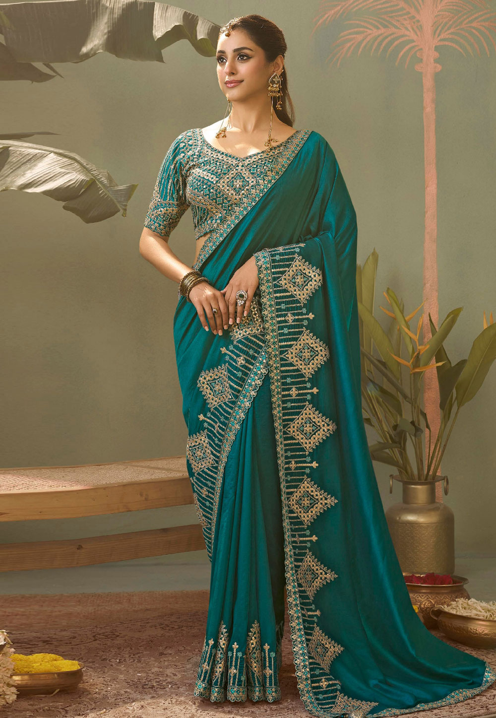 Teal Bemberg Saree With Blouse 320178