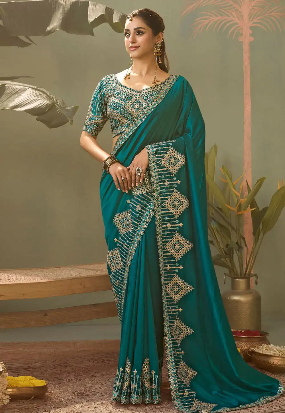 Teal Bemberg Saree With Blouse 320178