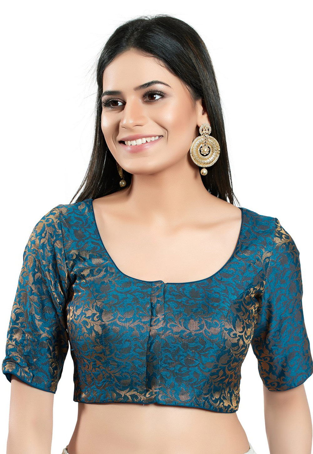 Teal Brocade Readymade Blouse 278386