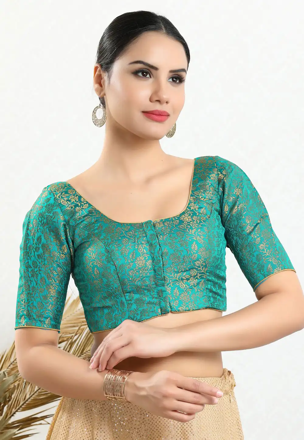 Teal Brocade Readymade Blouse 313783