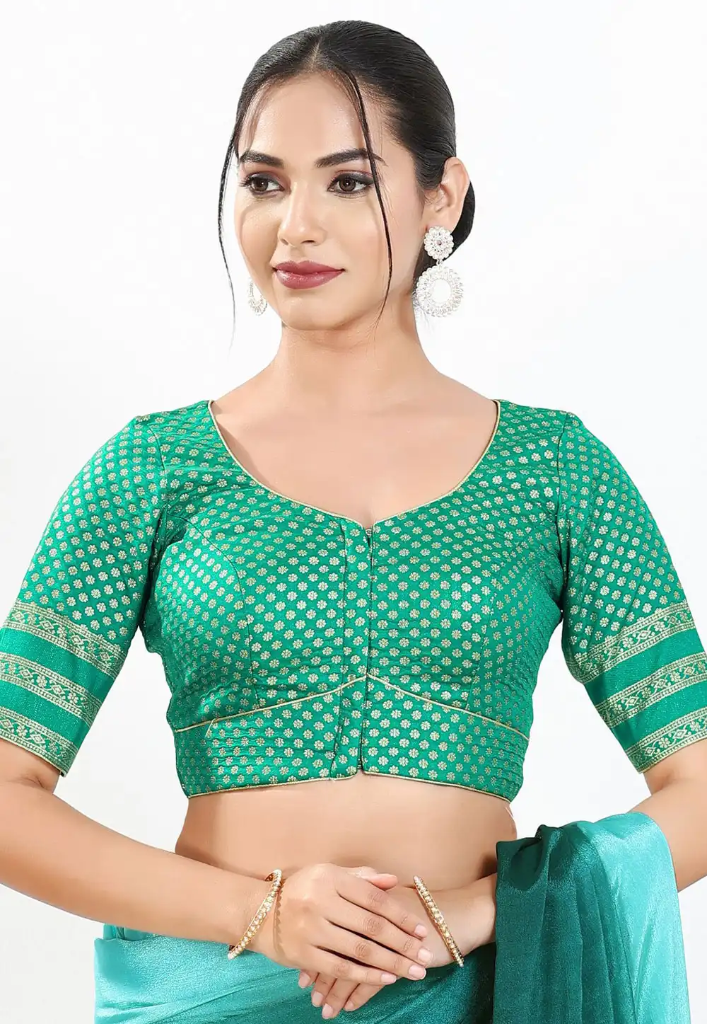 Teal Brocade Readymade Blouse 324560