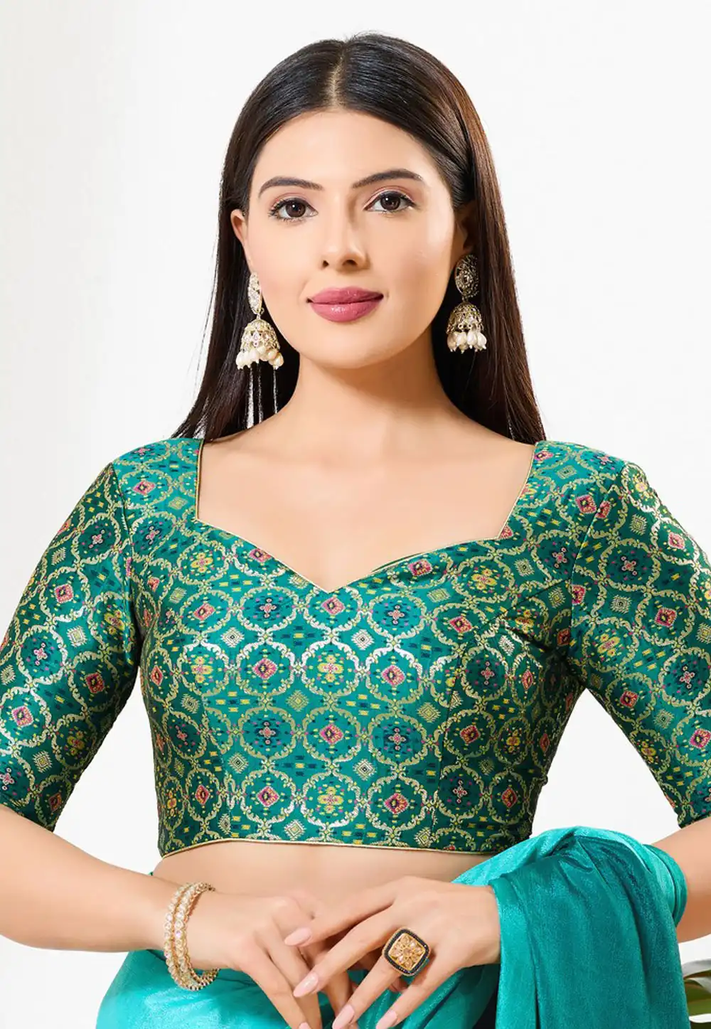 Teal Brocade Readymade Blouse 325107