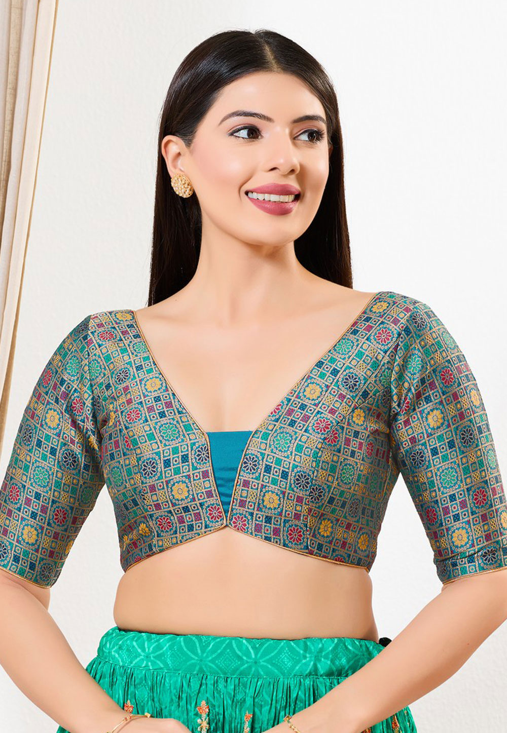 Teal Brocade Readymade Blouse 325123