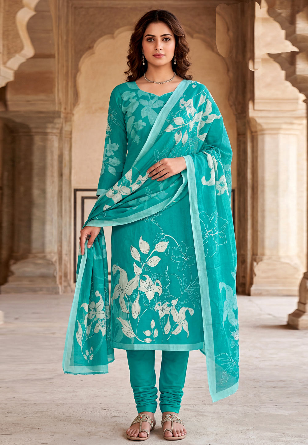 Teal Cambric Cotton Churidar Suit 328337