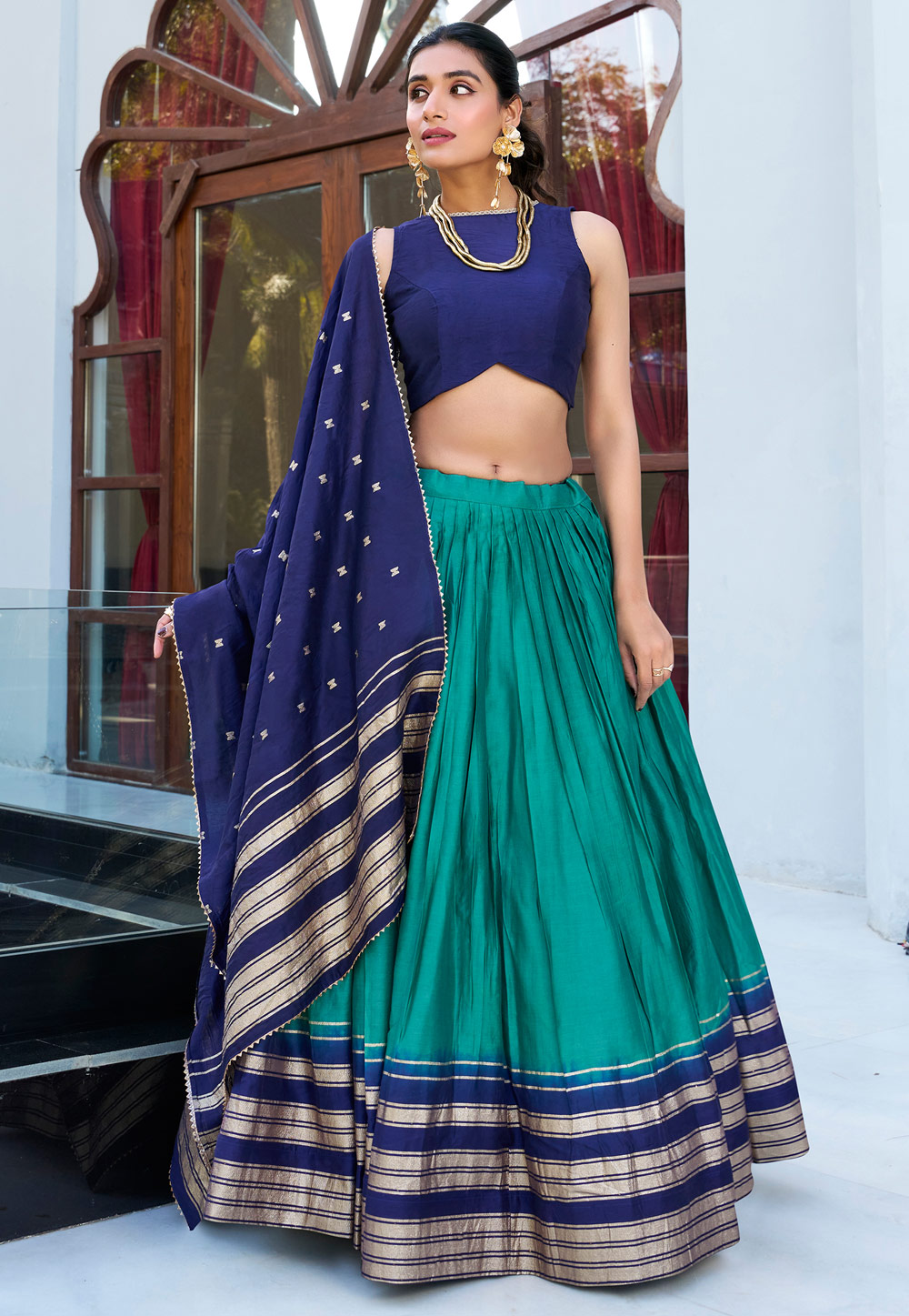 Teal Chanderi Circular Lehenga Choli 308699