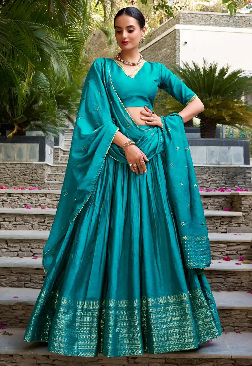 Teal Chanderi Circular Lehenga Choli 321553