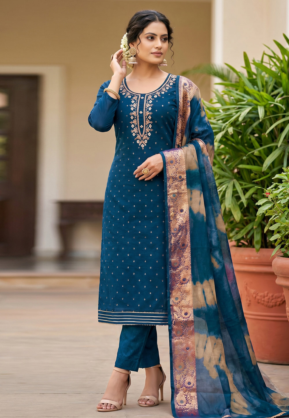 Teal Chanderi Cotton Pakistani Suit 327446