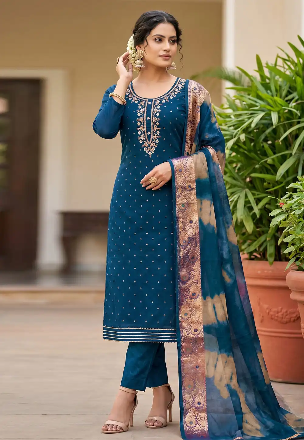 Teal Chanderi Cotton Pakistani Suit 327446