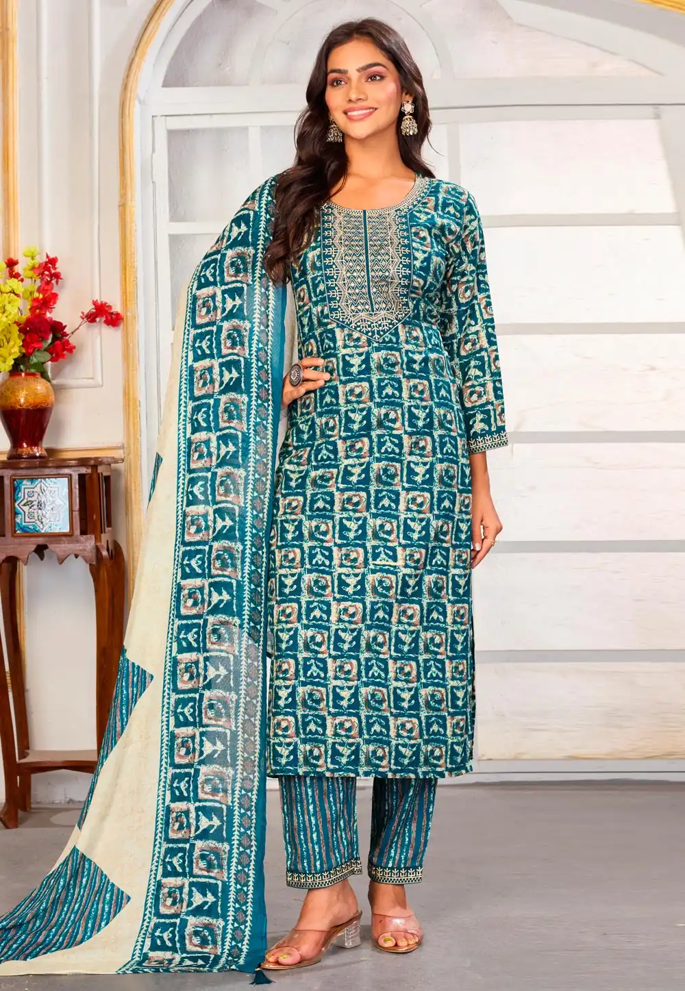 Teal Chanderi Readymade Pakistani Suit 318539
