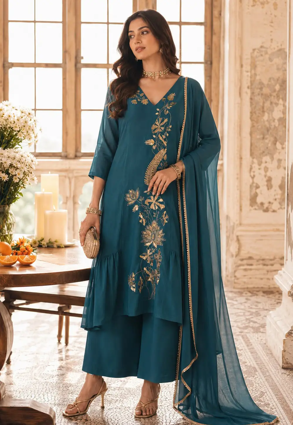 Teal Chanderi Readymade Palazzo Suit 335676
