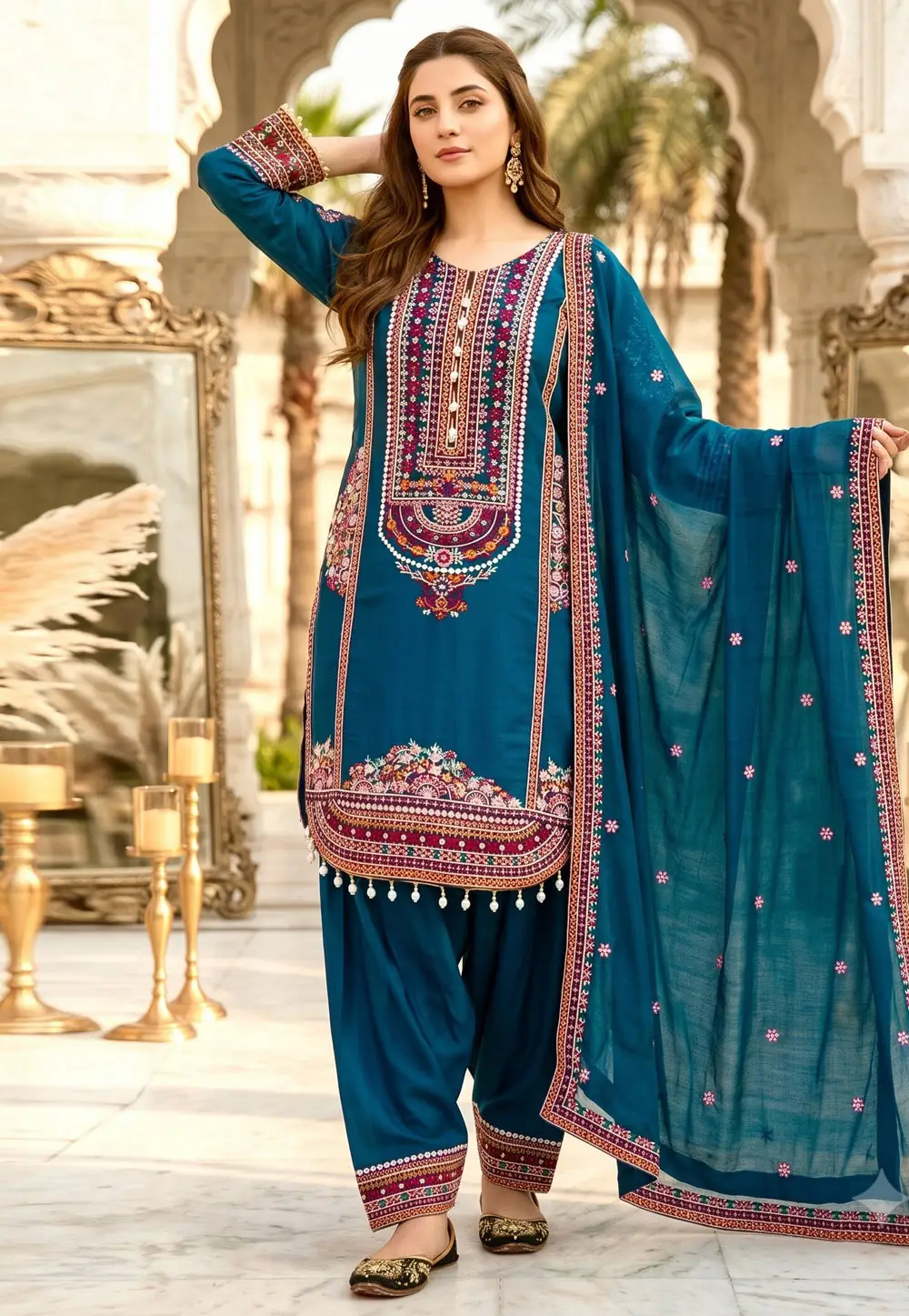 Teal Chanderi Readymade Patiala Suit 333708