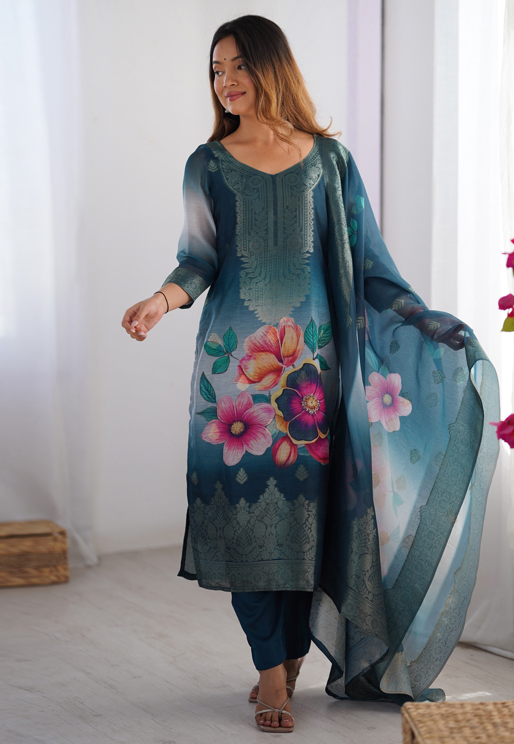 Teal Chanderi Silk Readymade Pant Style Suit 312230