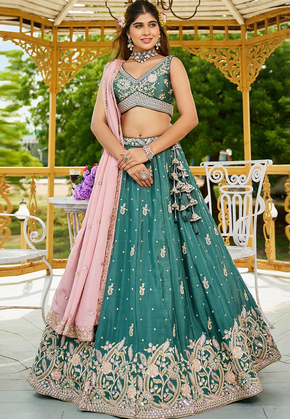 Teal Chiffon Circular Lehenga Choli 312894