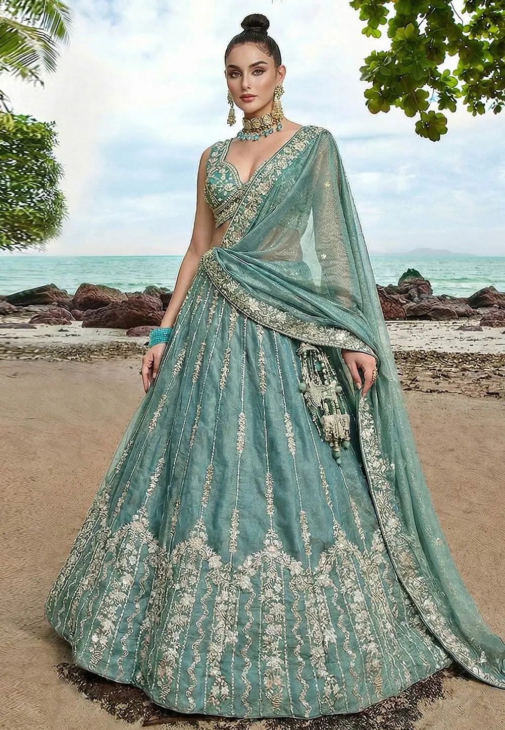 Teal Chiffon Circular Lehenga Choli 332989