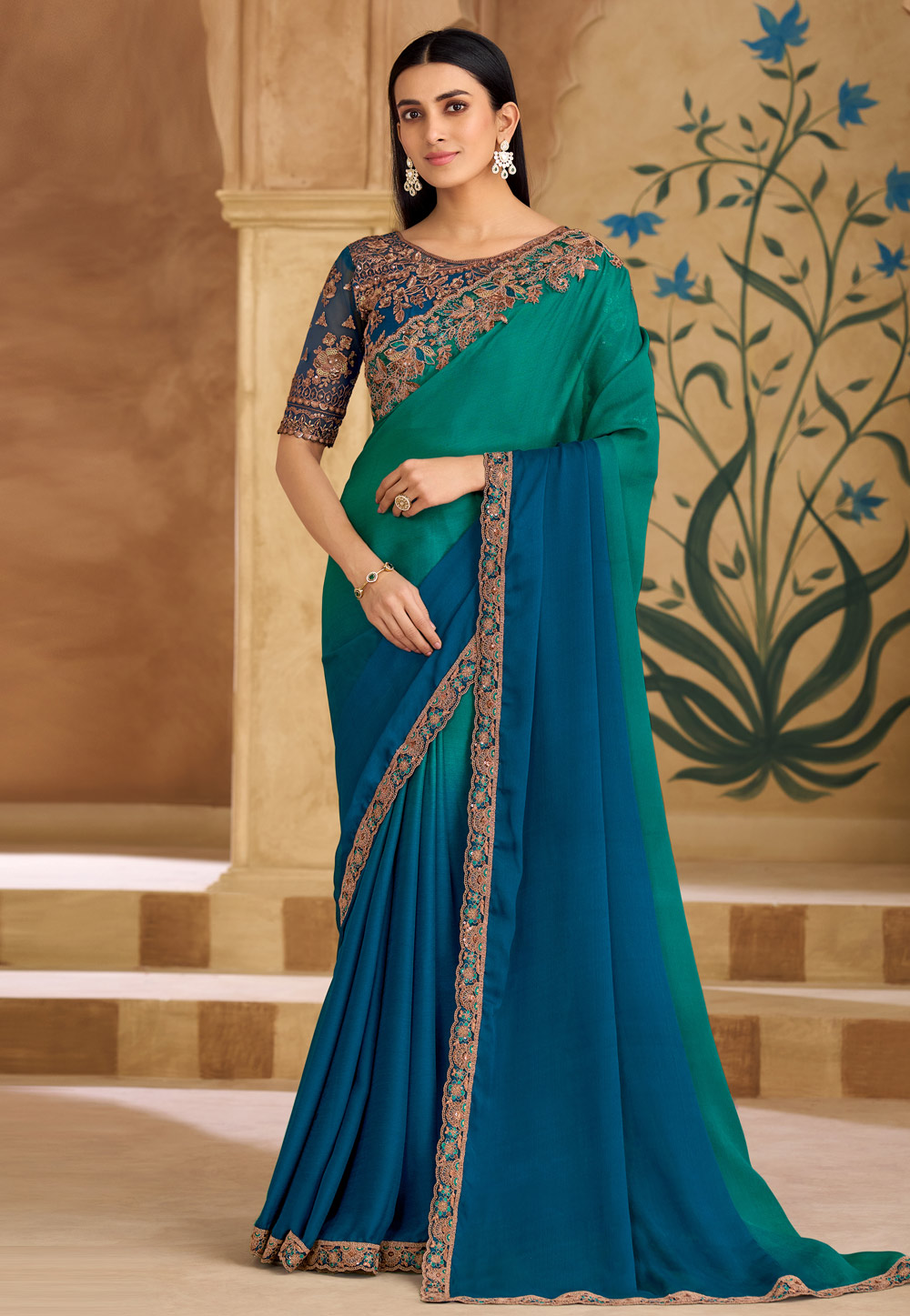 Teal Chiffon Half N Half Saree 324686