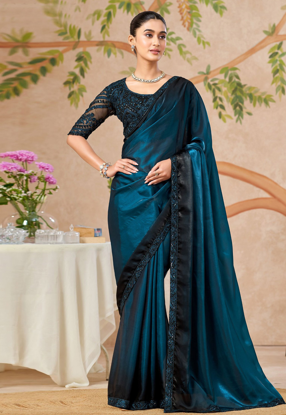 Teal Chiffon Half N Half Saree 323953