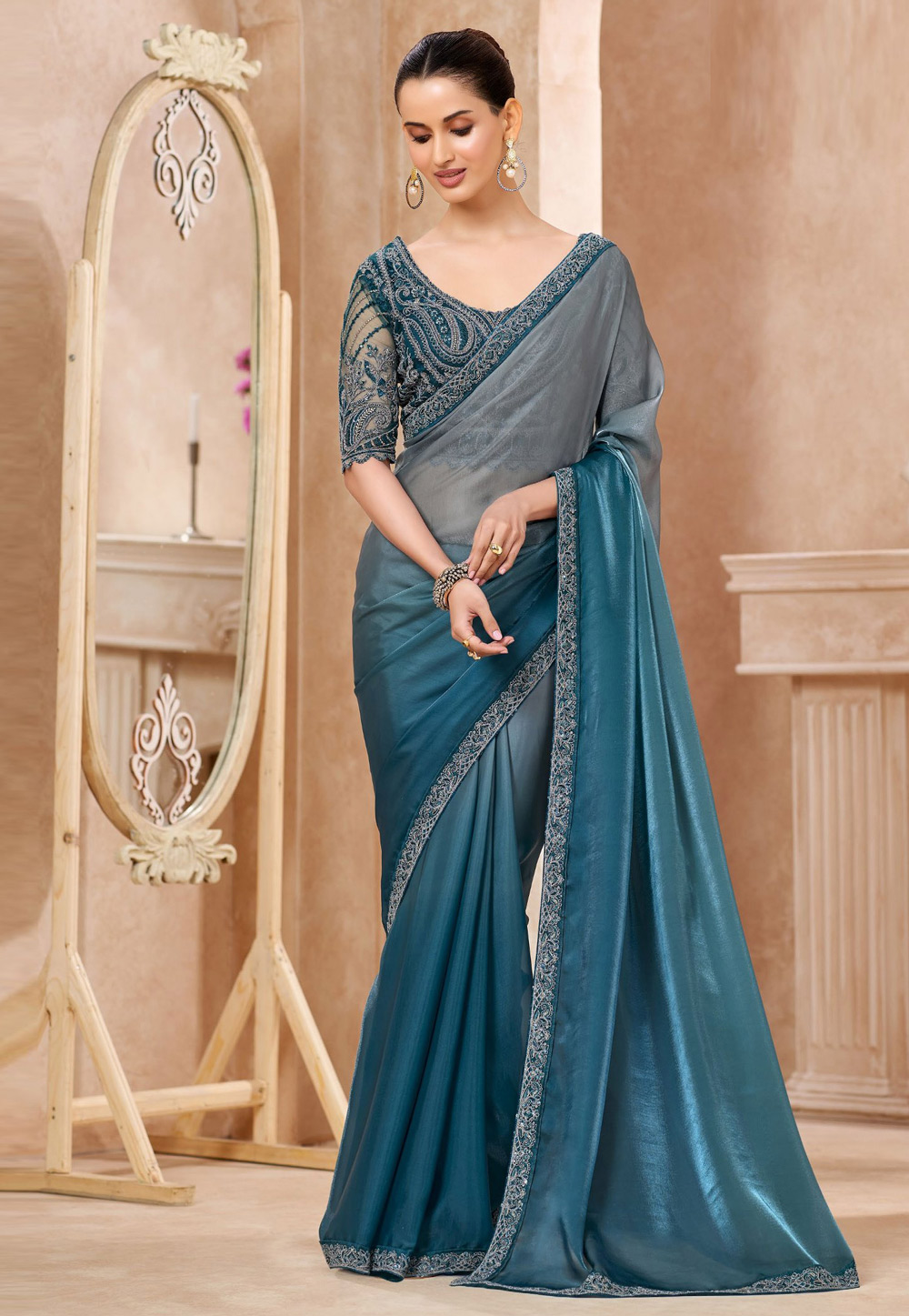 Teal Chiffon Half N Half Saree 323958