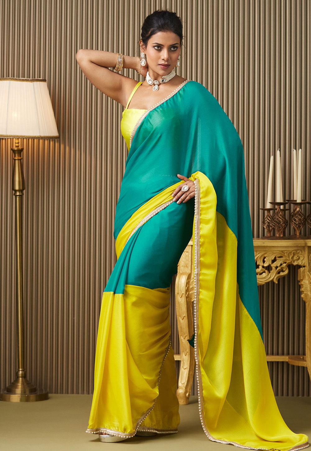 Teal Chiffon Half N Half Saree 311901