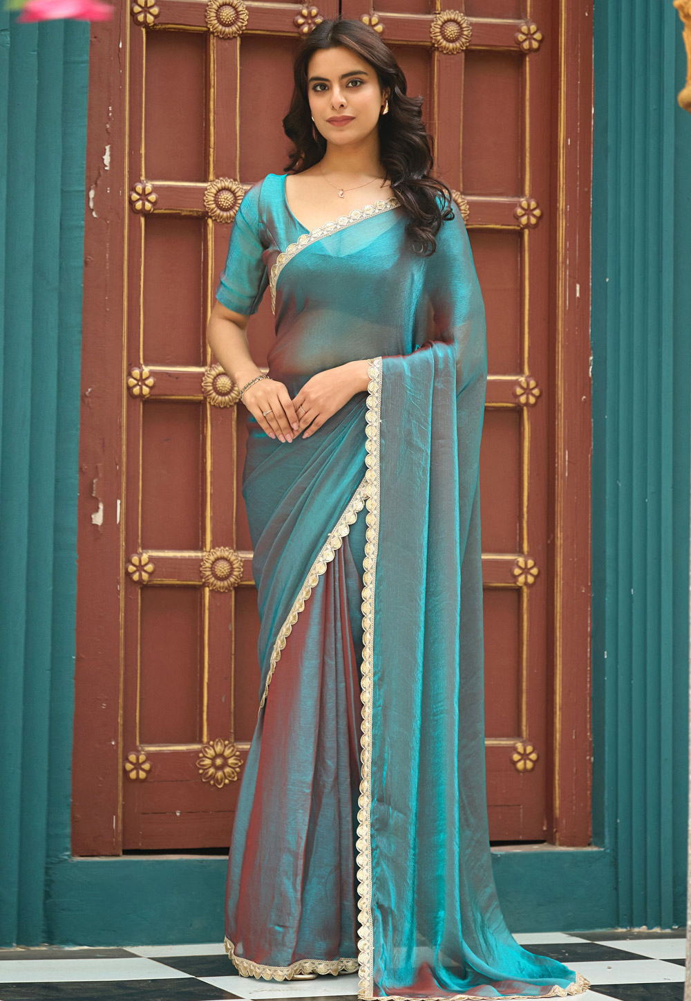 Teal Chiffon Lehenga Saree 327153