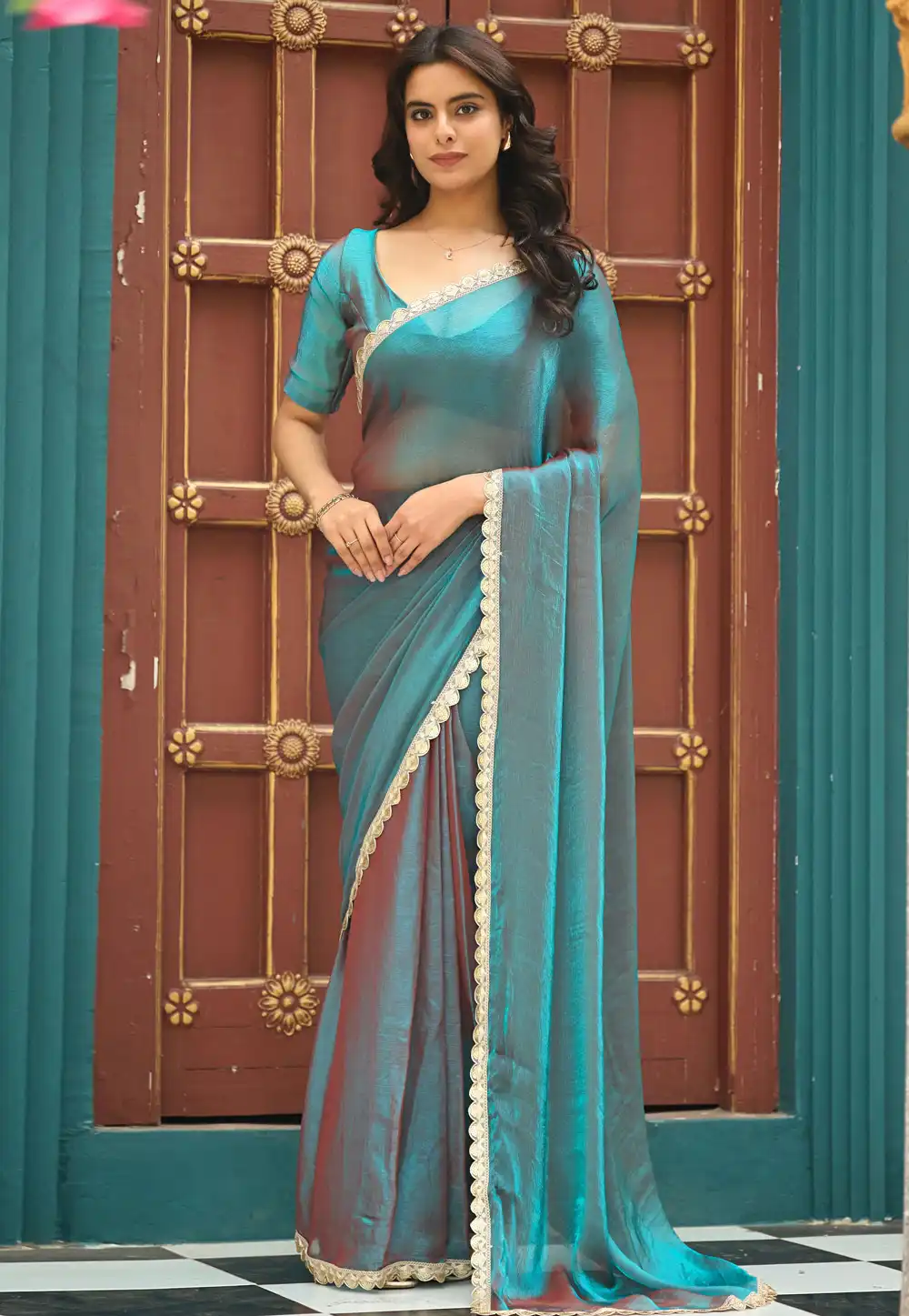 Teal Chiffon Lehenga Saree 327153