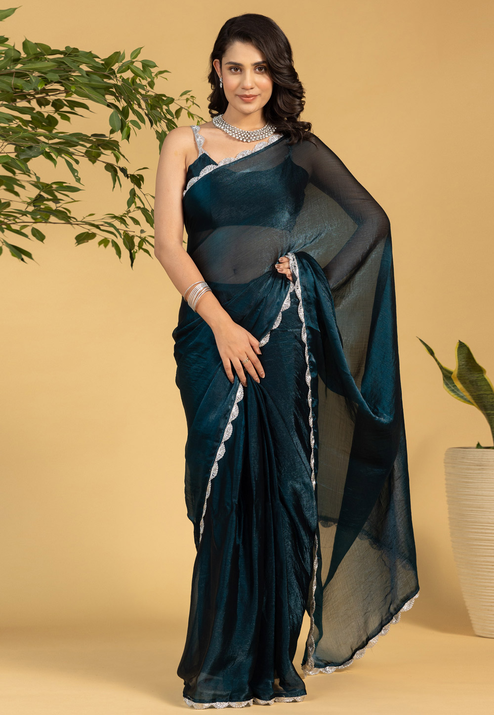 Teal Chiffon Lehenga Saree 311574